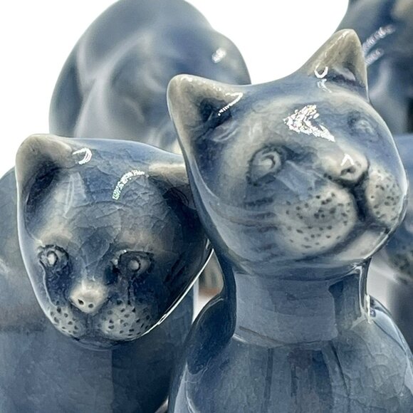 Vintage Thai Celadon Blue Glazed Crackle Ceramic Cat Figurine Lot of 6 Clowder - Picture 12 of 16